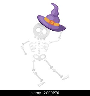 Dessin animé mignon danse squelette personnage de main un chapeau de sorcière violet. Illustration vectorielle pour les fêtes d'Halloween Illustration de Vecteur
