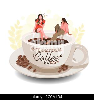 Journée internationale du café, les femmes savourant un café chaud sur une tasse de café Illustration de Vecteur