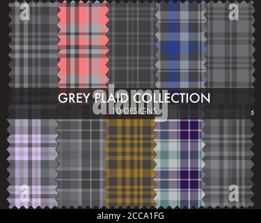 La collection de motifs écossais gris, à carreaux, sans couture, comprend 10 motifs adaptés au mode tex Illustration de Vecteur