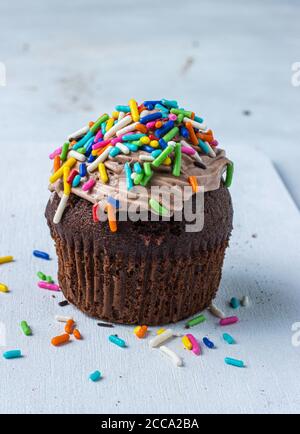 Délicieux muffin au chocolat avec chapelure colorée isolée sur fond blanc. Vue rapprochée. Banque D'Images