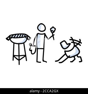 Stickman dessiné à la main cuisine avec le concept de barbecue de chien. Simple de vacances en plein air Doodle icône pour la staycation, famille voyage aventure clipart. Escapade simple Illustration de Vecteur