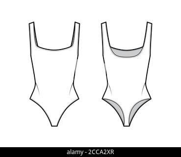 Body en jersey extensible à encolure carrée profonde et dos ouvert, illustration technique de la mode. Modèle de vêtement extérieur plat une pièce à l'avant du dos, couleur blanche. Femmes hommes unisex maillot de bain CAD maquette Illustration de Vecteur