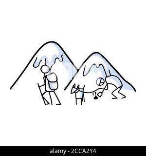 Stickman dessiné à la main randonnée avec concept de chien. Simple de vacances en plein air Doodle icône pour la staycation, famille voyage aventure clipart. Escapade simple Illustration de Vecteur
