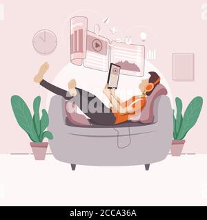 Un garçon étudiant en ligne avec le mode Relax Illustration Illustration de Vecteur