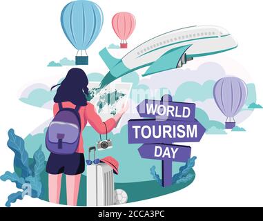Journée mondiale du tourisme, UNE fille avec carte du monde et Bag Going World Tour Illustration Illustration de Vecteur