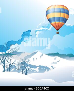 Paysage rural pittoresque de montagne enneigée d'hiver avec air chaud ballon placé contre un ciel bleu nuageux Illustration de Vecteur