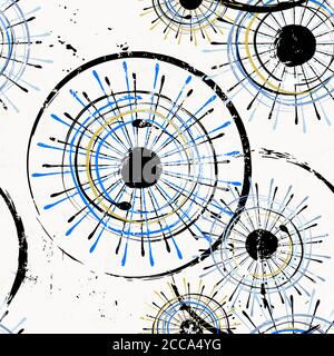 arrière-plan sans couture à motif abstrait, avec cercles, points, traits et éclaboussures, style rétro Illustration de Vecteur