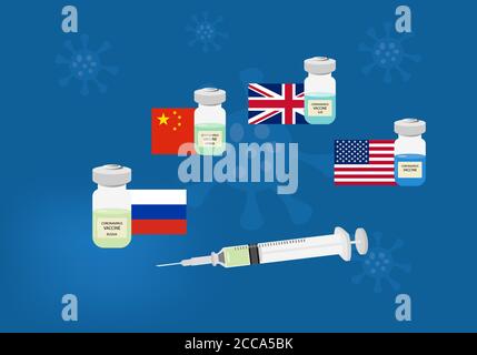 Le vaccin contre le coronavirus a récemment été mis au point dans différents pays. Illustration de la seringue et des flacons de vaccin, Russie, Chine, Royaume-Uni et USA fl Illustration de Vecteur
