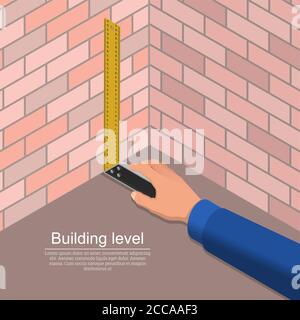 La main du travailleur tient une règle de construction. L'outil de mesure dans Work.3D. Illustration du vecteur isométrique. Illustration de Vecteur