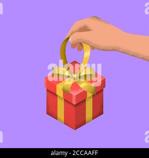 La main tient un cadeau.boîte cadeau rouge avec un noeud. Concept de fête.3D. Isométrie. Illustrations vectorielles avec texture grunge. Elément de conception. Illustration de Vecteur
