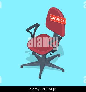 Chaise de bureau avec l'annonce The Vacancy. Emploi. Recherche conceptuelle d'employés.lieu de travail vide. 3D. Isométrie. Éléments de conception. Vecteur Ill Illustration de Vecteur