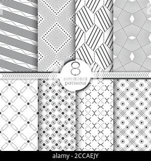 Ensemble de motifs sans couture.textures modernes et élégantes. Des ornements géométriques répétés régulièrement avec des losange, des points, des zigzags, des bandes, des hexagones, des croix, Illustration de Vecteur
