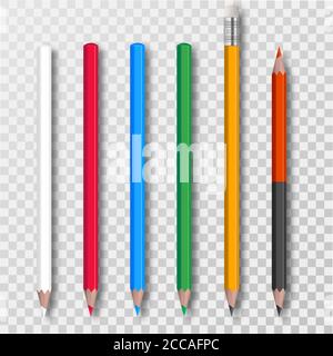 Jeu de crayons multicolores. Outils de bureau. Objets réalistes avec une ombre sur l'arrière-plan transparent isolé.3D. Éléments de conception. Vecteur Ill Illustration de Vecteur