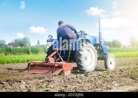 Un agriculteur qui travaille sur un tracteur équipé d'une fraiseuse perd le sol dans le champ de la ferme. Préparation pour la plantation de nouvelles récoltes. Surface de desserrage, culture Banque D'Images