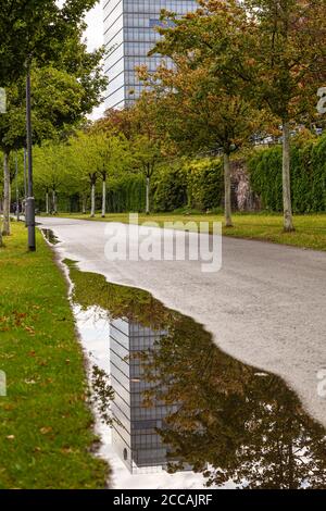 Piste cyclable avec flaques. Infrastructure urbaine. Flaques et reflets dans les flaques. Francfort-sur-le-main. Banque D'Images