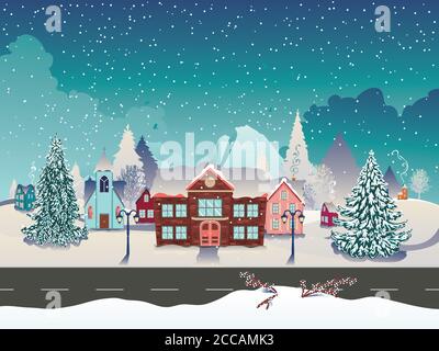 Maisons rurales, sapins et grande montagne, fond de village d'hiver enneigé. Illustration de Vecteur