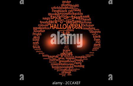 Halloween mot nuage en orange texte sur fond noir forme un ghul, un livre, étranger avec de grands yeux, regarder, concept pour la peur, octobre 31, costumes Banque D'Images