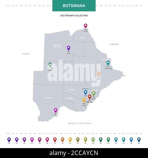 Carte du Botswana avec repères de localisation. Modèle vectoriel d'infographie, isolé sur fond blanc. Illustration de Vecteur