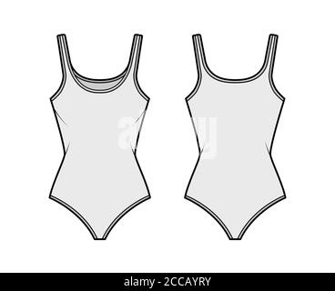 Body en jersey de coton sans manches et corps ajusté, illustration technique de la mode. Modèle de vêtement extérieur plat cami avant, arrière, couleur grise. Femmes hommes unisexe top maquette CAD. Illustration de Vecteur