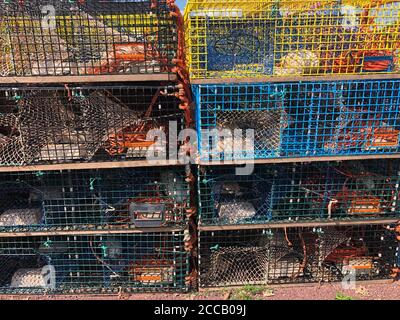 Des pièges à homard de différentes couleurs le long d'un quai du Canada atlantique, dans la baie de Fundy, au Nouveau-Brunswick Banque D'Images