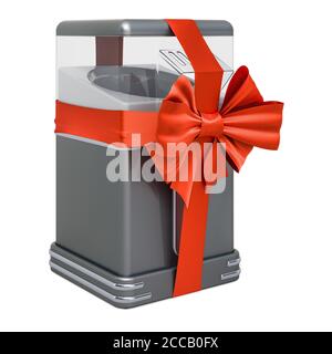 Machine de fabrication de popcorn à air chaud avec noeud rouge et ruban, concept cadeau. Rendu 3D isolé sur fond blanc Banque D'Images