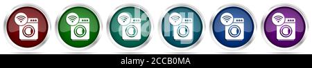 Machine à laver, Internet, icônes wi-fi, ensemble de boutons de toile argentée métallisée dans 6 options de couleurs isolées sur fond blanc Banque D'Images