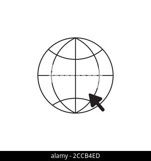 Globe avec vecteur d'icône de flèche. Accéder au symbole Web. Planète mondiale avec le signe du curseur dans l'illustration de style de contour Illustration de Vecteur