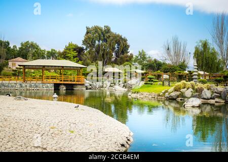 Magnifique jardin japonais avec belvédère et reflets dans l'étang de la Serena, au Chili Banque D'Images