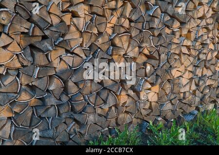 Une pile de bois de bouleau sec dans l'arrière-cour de la maison de près. Banque D'Images