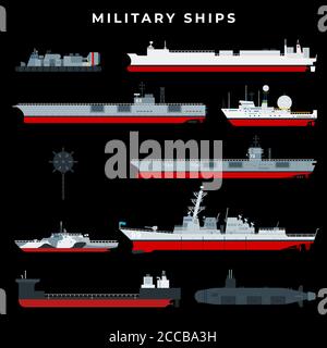 Navire de guerre avec bateau, navire, artisanat, cuirassé, militaire, armé, marine. Isolé sur fond noir. Concept de thème sombre Illustration de Vecteur
