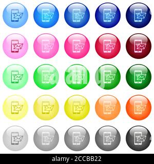 Envoi d'e-mails à partir d'icônes de téléphone mobile par lot de 25 boutons sphériques de couleur brillante Illustration de Vecteur