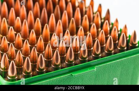 Cartouches de chasse dans une boîte en plastique. Bullet boîte de rangement. Banque D'Images