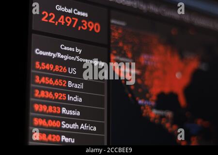 COVID-19 Statistiques graphiques d'informations. Les chiffres indiquent les cas confirmés au niveau mondial et les cas par région ou par pays. LES ÉTATS-UNIS sont au sommet. Banque D'Images