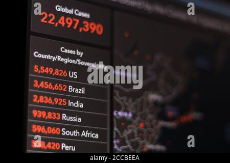 COVID-19 Statistiques graphiques d'informations. Les chiffres indiquent les cas confirmés au niveau mondial et les cas par région ou par pays. LES ÉTATS-UNIS sont au sommet. Banque D'Images