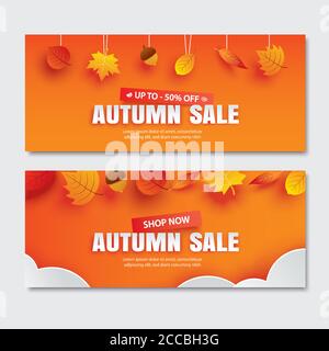 Soldes d'automne avec feuilles en papier sur fond orange. À utiliser pour un bon, une bannière ou un coupon. Illustration de Vecteur