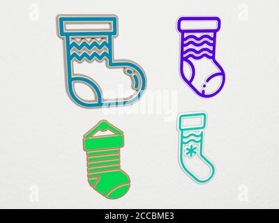 ENSEMBLE de 4 icônes DE CHAUSSETTES DE NOËL, illustration 3D Banque D'Images