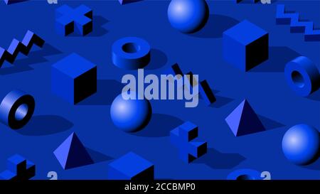 Formes 3D isométriques abstraites sur fond bleu royal monochrome Illustration de Vecteur