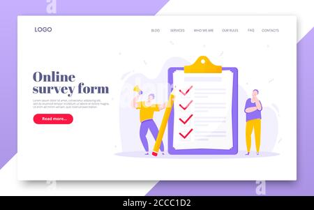 Enquête en ligne de forme de concept d'affaires avec une personne minuscule avec le mégaphone. Illustration de Vecteur