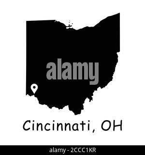 Cincinnati sur la carte de l'État de l'Ohio. Carte détaillée de l'État de l'Ohio avec broche d'emplacement sur Cincinnati City. Carte vectorielle de silhouette noire isolée sur fond blanc. Illustration de Vecteur