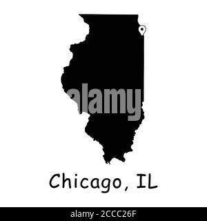 Chicago sur la carte de l'État de l'Illinois. Carte détaillée de l'État de l'Illinois avec code PIN d'emplacement sur Chicago City. Carte vectorielle de silhouette noire isolée sur fond blanc. Illustration de Vecteur