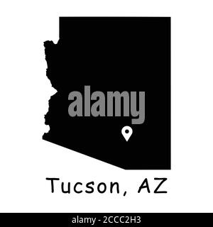 Tucson sur la carte de l'État de l'Arizona. Carte détaillée de l'État d'AZ avec broche d'emplacement sur Tucson City. Carte vectorielle de silhouette noire isolée sur fond blanc. Illustration de Vecteur