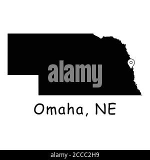 Omaha sur la carte de l'État du Nebraska. Carte détaillée de l'état ne avec broche d'emplacement sur Omaha City. Carte vectorielle de silhouette noire isolée sur fond blanc. Illustration de Vecteur