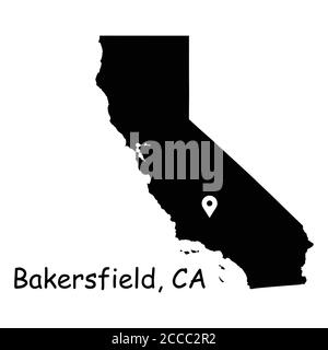 Bakersfield sur la carte de l'État de Californie. Carte détaillée de l'État de Californie avec broche de localisation sur Bakersfield City. Carte vectorielle de silhouette noire isolée sur fond blanc Illustration de Vecteur