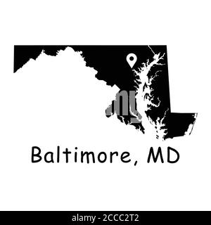 Baltimore sur la carte de l'État du Maryland. Carte détaillée de l'État du MD avec broche d'emplacement sur la ville de Baltimore. Carte vectorielle de silhouette noire isolée sur fond blanc. Illustration de Vecteur