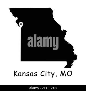 Kansas City sur la carte de l'État du Missouri. Carte détaillée de l'État du Missouri avec code PIN de localisation à Kansas City. Carte vectorielle de silhouette noire isolée sur fond blanc. Illustration de Vecteur