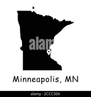 Minneapolis sur la carte de l'État du Minnesota. Carte détaillée de l'État du Minnesota avec code PIN de la ville de Minneapolis. Carte vectorielle de silhouette noire isolée sur fond blanc Illustration de Vecteur