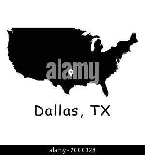 Dallas City Texas sur la carte des États-Unis. Carte détaillée du pays de l'Amérique avec code PIN d'emplacement sur Dallas TX. Cartes vectorielles silhouettes noires isolées sur fond blanc. Illustration de Vecteur