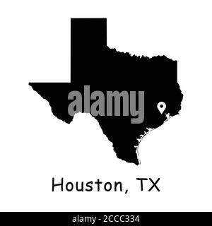 Houston sur la carte de l'État du Texas. Carte détaillée de l'État du Texas avec broche d'emplacement sur Houston City. Carte vectorielle de silhouette noire isolée sur fond blanc. Illustration de Vecteur