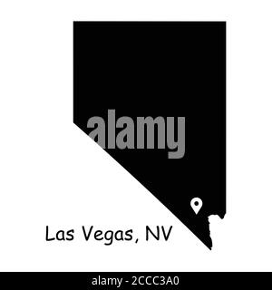 Las Vegas sur la carte de l'État du Nevada. Carte détaillée de l'État du Nevada avec code PIN d'emplacement sur la ville de Las Vegas. Carte vectorielle de silhouette noire isolée sur fond blanc. Illustration de Vecteur