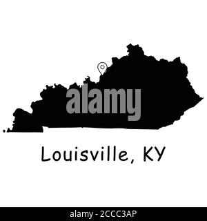 Louisville sur la carte de l'État du Kentucky. Carte détaillée de l'État du KY avec broche d'emplacement sur la ville de Louisville. Carte vectorielle de silhouette noire isolée sur fond blanc Illustration de Vecteur